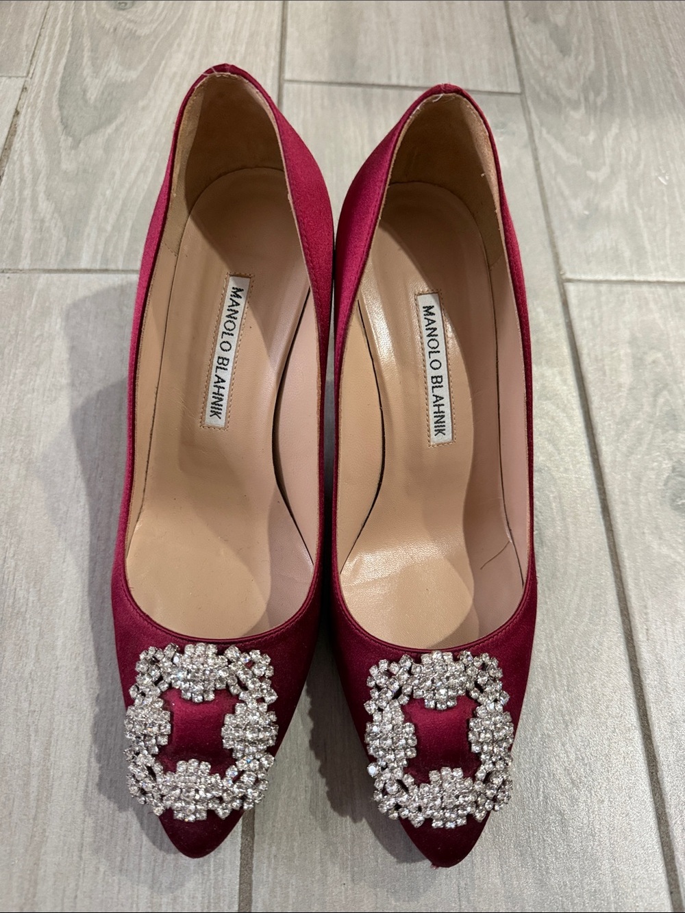 Manolo Blahnik Burgundy Satin Pointed-Toe Pumps with Crystal Buckles